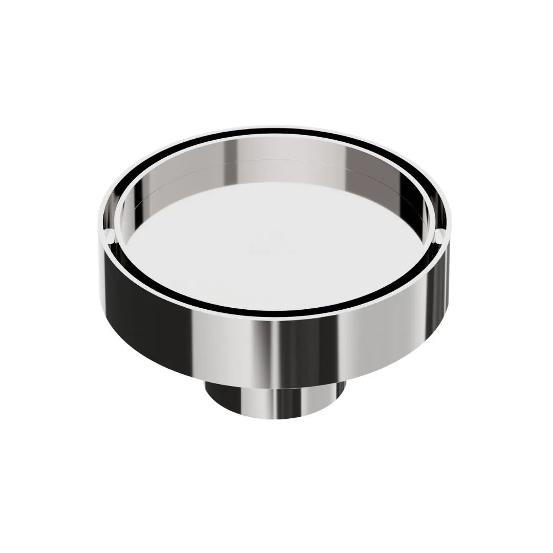 QM Drain Mist Couture Round Drain in Polished finish, available in 4”x 4” and 5 ¾”x 5 ¾” sizes. This elegant stainless-steel drain features a fine perforated circular grate, providing efficient water drainage while seamlessly integrating into modern luxury shower and bathroom installations.