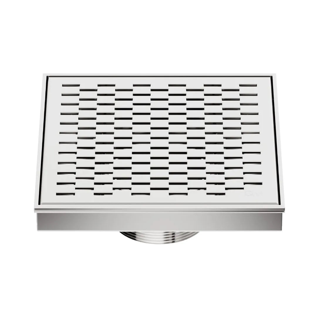 QM Drain Delmar Delta Square Drain 5 3/4-inch in Polished finish, featuring a sleek stainless-steel square-pattern grate. This drain provides efficient water drainage, seamless tile integration, and a modern minimalist aesthetic, ideal for luxury shower and bathroom floor installations.