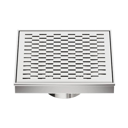 QM Drain Delmar Delta Square Drain 5 3/4-inch in Polished finish, featuring a sleek stainless-steel square-pattern grate. This drain provides efficient water drainage, seamless tile integration, and a modern minimalist aesthetic, ideal for luxury shower and bathroom floor installations.