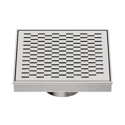 QM Drain Delmar Delta Square Drain 5 3/4-inch in Satin finish, featuring a sleek stainless-steel square-pattern grate. This drain ensures efficient water drainage, seamless tile integration, and a high-end polished aesthetic, perfect for luxury shower and bathroom floor installations.