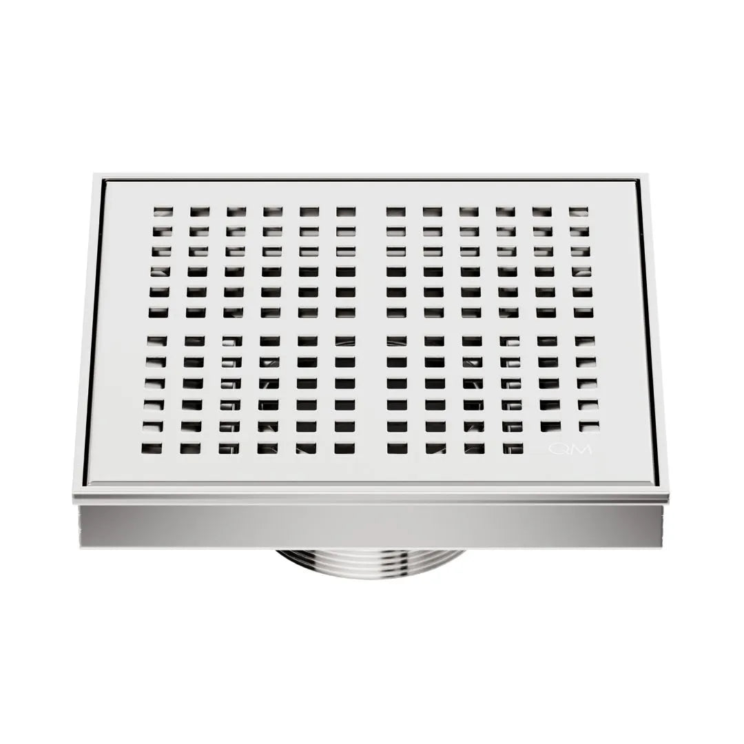 QM Drain Delmar Kai Square Drain 5 3/4-inch in Polished finish, featuring a sleek stainless-steel grate with fine square perforations. This drain ensures efficient water drainage, seamless tile integration, and a modern, minimalist aesthetic, perfect for luxury shower and bathroom floor installations.