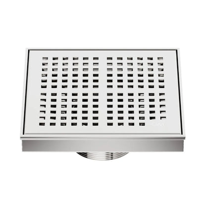 QM Drain Delmar Kai Square Drain 5 3/4-inch in Polished finish, featuring a sleek stainless-steel grate with fine square perforations. This drain ensures efficient water drainage, seamless tile integration, and a modern, minimalist aesthetic, perfect for luxury shower and bathroom floor installations.