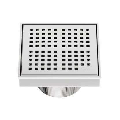 QM Drain Delmar Kai Square Drain 4x4-inch in Polished finish, featuring a sleek stainless-steel grate with fine square perforations. This drain offers efficient water drainage, seamless tile integration, and a modern, minimalist aesthetic, perfect for luxury shower and bathroom floor installations.