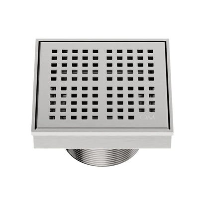 QM Drain Delmar Kai Square Drain 4x4-inch in Satin finish, featuring a sleek stainless-steel grate with fine square perforations. This drain provides efficient water drainage, seamless tile integration, and a high-end polished aesthetic, ideal for luxury shower and bathroom floor installations.