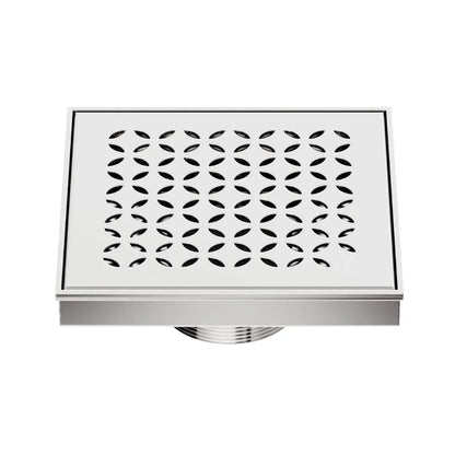 QM Drain Delmar Lotus Square Drain 5 3/4-inch in Polished finish, featuring a sleek stainless-steel channel with an elegant floral-pattern grate. This drain ensures efficient water drainage, seamless tile integration, and a modern minimalist aesthetic, perfect for luxury shower and bathroom floor installations.