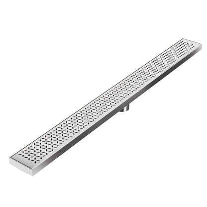 QM Drain Lotus Delmar Standard Length Plain Edge Linear Drain in Polished finish, featuring a sleek stainless-steel channel with a smooth plain edge. Designed for seamless tile integration, this drain offers efficient water drainage and a modern, minimalist aesthetic for luxury bathroom floors.