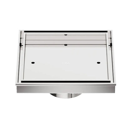 QM Drain Delmar Mist Tile-In Square Shower Drain 5 3/4-inch in Satin finish, featuring a sleek stainless-steel channel with a 'mist' perforated grate design. This drain allows seamless tile integration, offering efficient water drainage and a modern aesthetic for luxury shower and bathroom floor installations.