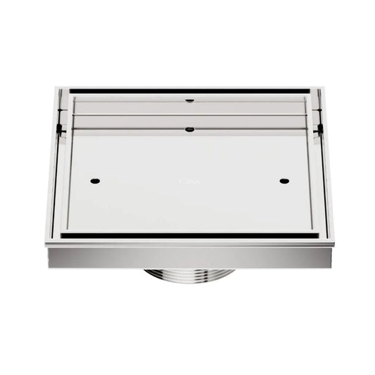 QM Drain Delmar Mist Tile-In Square Shower Drain 5 3/4-inch in Satin finish, featuring a sleek stainless-steel channel with a 'mist' perforated grate design. This drain allows seamless tile integration, offering efficient water drainage and a modern aesthetic for luxury shower and bathroom floor installations.