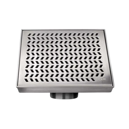 QM Drain Delmar Nami Square Drain 2-inch, featuring a sleek stainless-steel channel with a modern perforated grate design. This drain ensures efficient water drainage, seamless tile integration, and a contemporary aesthetic, ideal for luxury shower and bathroom floor installations.