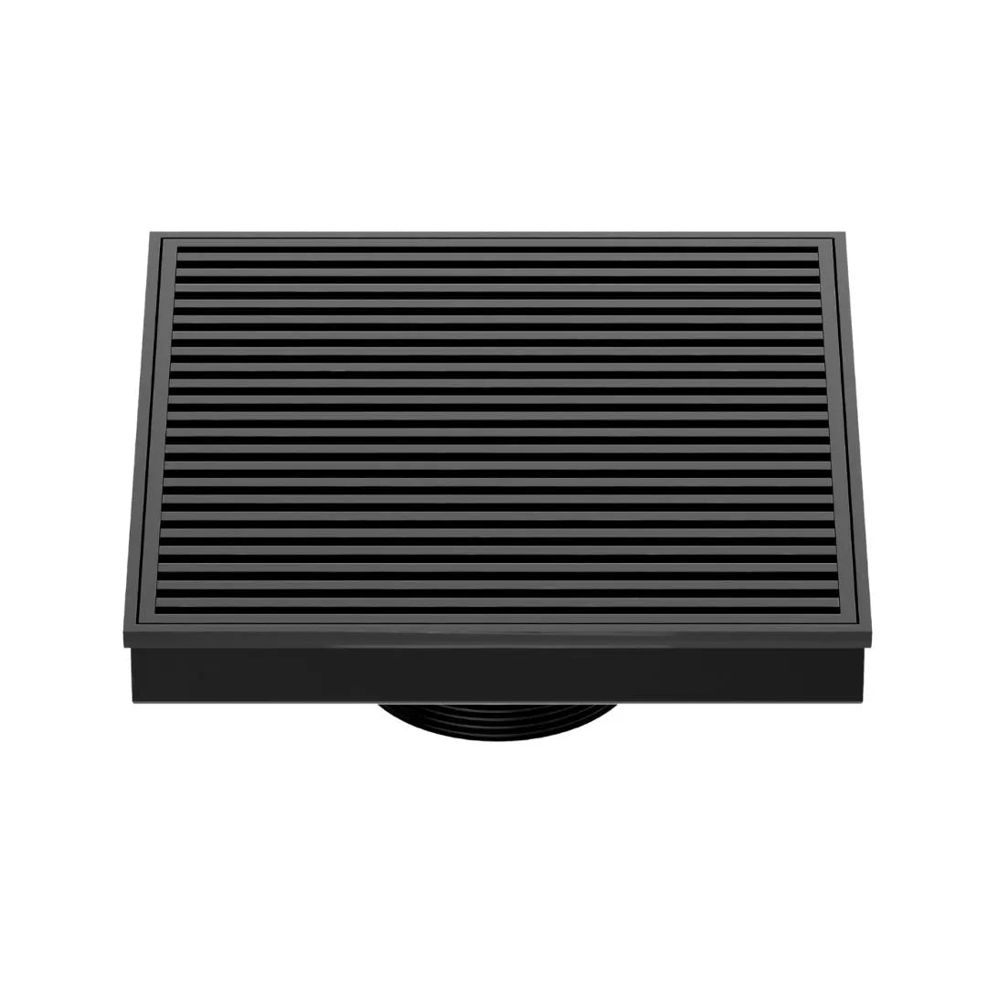 QM Drain Delmar Wedgewire Square Drain 5 3/4-inch in Black finish, featuring a stainless-steel channel with a precision wedge-wire grate design. This drain offers efficient water drainage, seamless tile integration, and a modern aesthetic, perfect for high-end shower and bathroom floor installations.