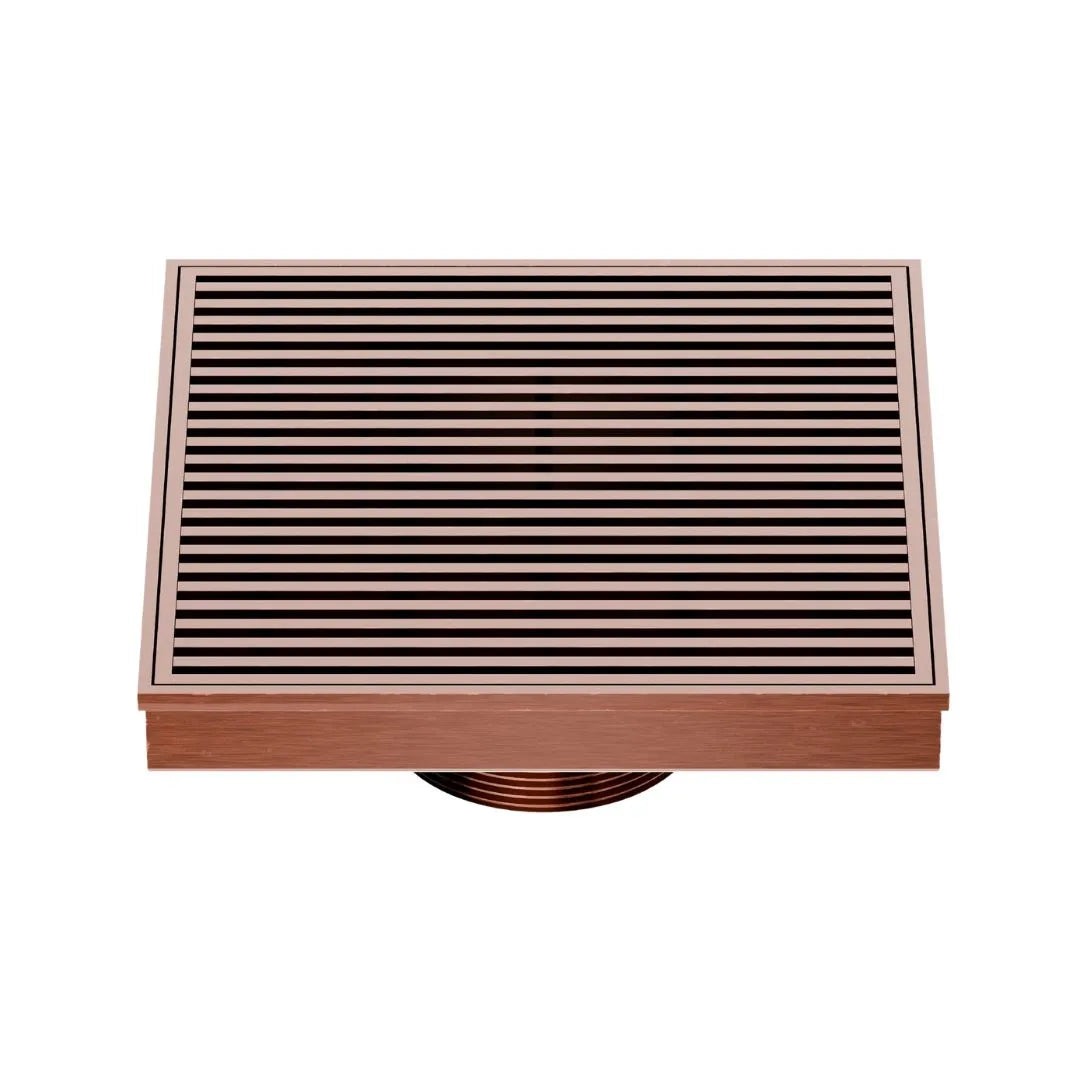 QM Drain Delmar Wedgewire Square Drain 5 3/4-inch in Bronze finish, featuring a stainless-steel channel with a precision wedge-wire grate design. This drain ensures efficient water drainage, seamless tile integration, and an elegant aesthetic, ideal for luxury shower and bathroom floor installations.