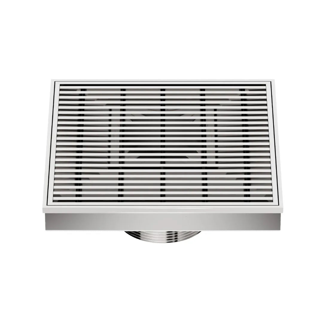 QM Drain Delmar Wedgewire Square Drain 5 3/4-inch in Polished finish, featuring a sleek stainless-steel channel with a precision wedge-wire grate design. This drain ensures efficient water drainage, seamless tile integration, and a modern aesthetic, ideal for luxury shower and bathroom floor installations.