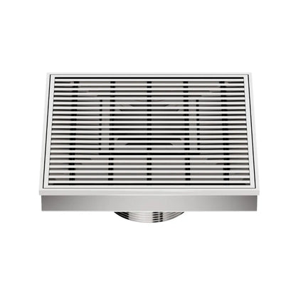 QM Drain Delmar Wedgewire Square Drain 5 3/4-inch in Polished finish, featuring a sleek stainless-steel channel with a precision wedge-wire grate design. This drain ensures efficient water drainage, seamless tile integration, and a modern aesthetic, ideal for luxury shower and bathroom floor installations.