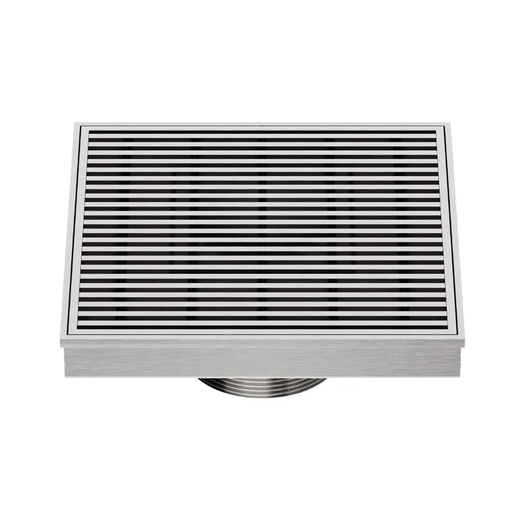 QM Drain Delmar Wedgewire Square Drain 5 3/4-inch in Satin finish, featuring a sleek stainless-steel channel with a precision wedge-wire grate design. This drain provides efficient water drainage, seamless tile integration, and a high-end polished aesthetic, perfect for luxury shower and bathroom floor installations.