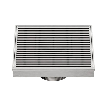 QM Drain Delmar Wedgewire Square Drain 5 3/4-inch in Satin finish, featuring a sleek stainless-steel channel with a precision wedge-wire grate design. This drain provides efficient water drainage, seamless tile integration, and a high-end polished aesthetic, perfect for luxury shower and bathroom floor installations.