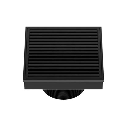 QM Drain Delmar Wedgewire Square Drain 4x4-inch in Black finish, featuring a sleek stainless-steel channel with a precision wedge-wire grate design. This drain ensures efficient water drainage, seamless tile integration, and a modern minimalist aesthetic, perfect for luxury shower and bathroom floor installations.