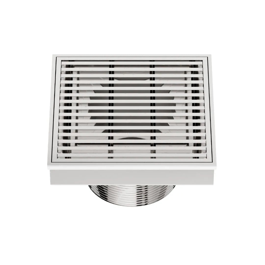 QM Drain Delmar Wedgewire Square Drain 4x4-inch in Polished finish, featuring a sleek stainless-steel channel with a precision wedge-wire grate design. This drain ensures efficient water drainage, seamless tile integration, and a modern minimalist aesthetic, ideal for luxury shower and bathroom floor installations.