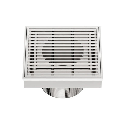 QM Drain Delmar Wedgewire Square Drain 4x4-inch in Polished finish, featuring a sleek stainless-steel channel with a precision wedge-wire grate design. This drain ensures efficient water drainage, seamless tile integration, and a modern minimalist aesthetic, ideal for luxury shower and bathroom floor installations.