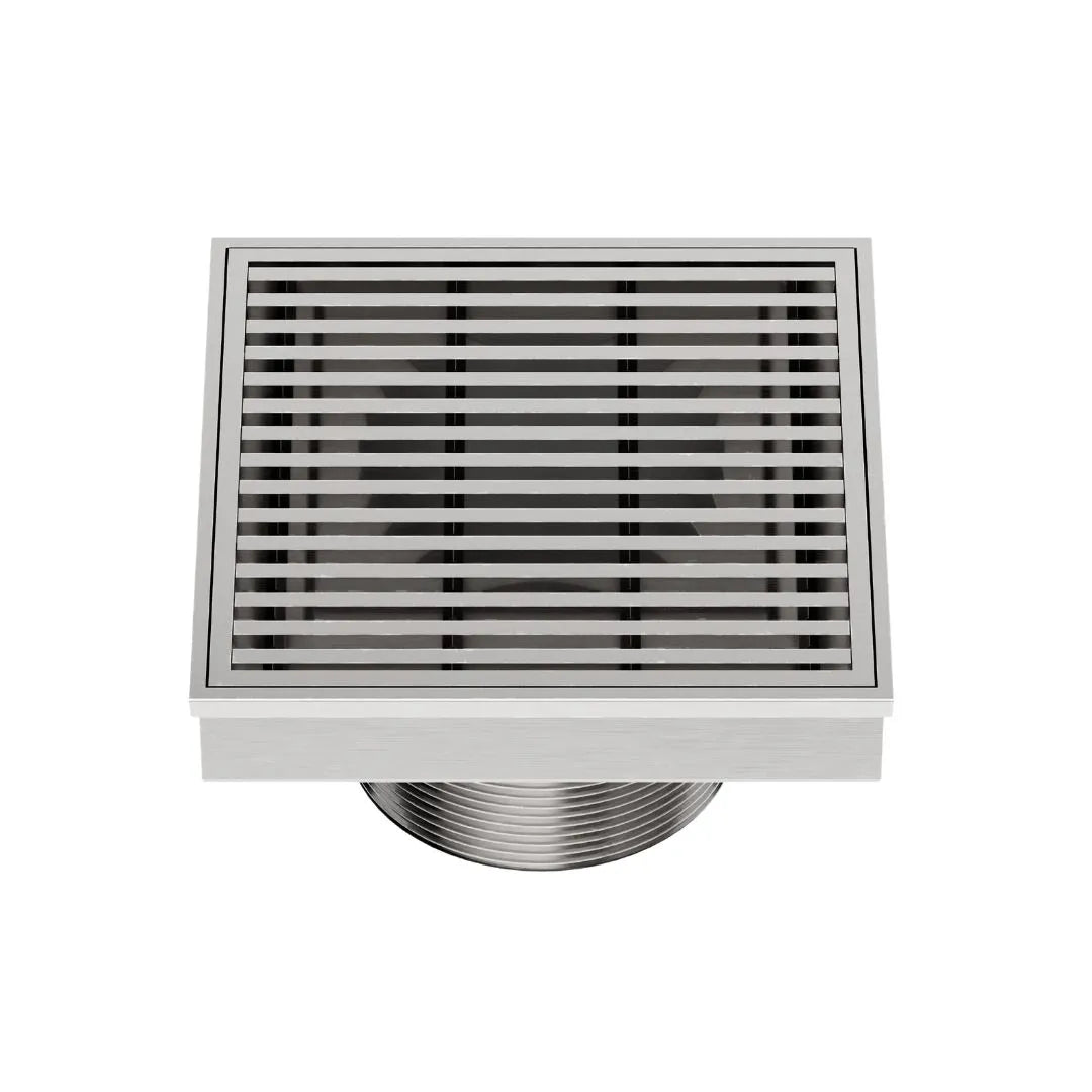 QM Drain Delmar Wedgewire Square Drain 4x4-inch in Satin finish, featuring a sleek stainless-steel channel with a precision wedge-wire grate design. This drain provides efficient water drainage, seamless tile integration, and a high-end polished aesthetic, perfect for luxury shower and bathroom floor installations.