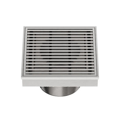QM Drain Delmar Wedgewire Square Drain 4x4-inch in Satin finish, featuring a sleek stainless-steel channel with a precision wedge-wire grate design. This drain provides efficient water drainage, seamless tile integration, and a high-end polished aesthetic, perfect for luxury shower and bathroom floor installations.