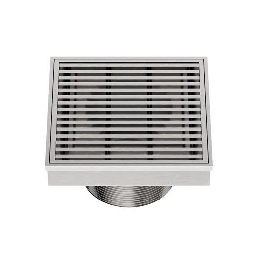 QM Drain Delmar Wedgewire Square Drain 4x4-inch in Satin finish, featuring a sleek stainless-steel channel with a precision wedge-wire grate design. This drain provides efficient water drainage, seamless tile integration, and a high-end polished aesthetic, perfect for luxury shower and bathroom floor installations.