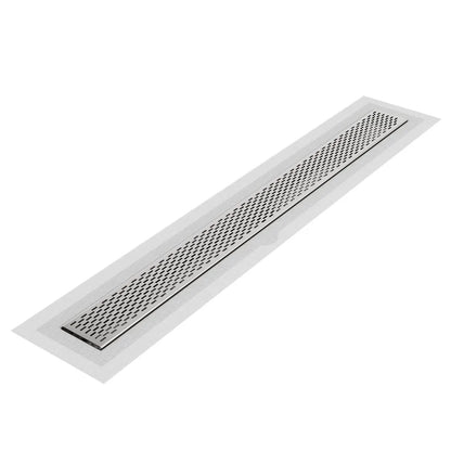 QM Drain Delta Delmar Standard Length Flange Edge Linear Drain in Satin finish, featuring a sleek stainless-steel channel with a modern flange edge design. This drain ensures efficient water drainage, seamless tile integration, and a high-end polished aesthetic, perfect for luxury shower and bathroom floor installations.