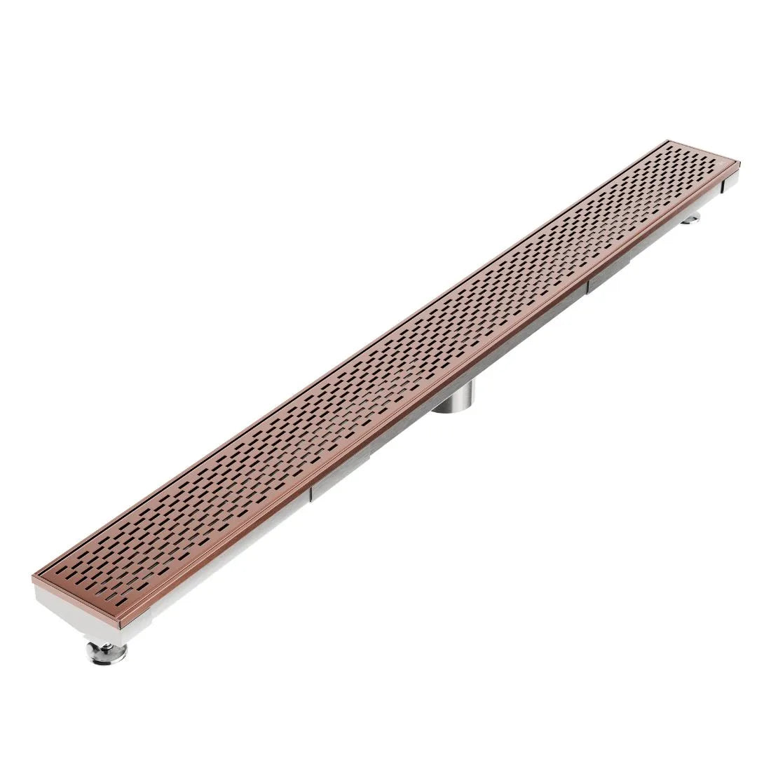 QM Drain Delta Delmar Standard Length Plain Edge Linear Drain in Bronze finish, featuring a sleek stainless-steel channel with a minimalist plain edge design. This drain provides efficient water drainage, seamless tile integration, and an elegant aesthetic, ideal for luxury shower and bathroom floor installations.