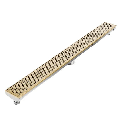 QM Drain Delta Delmar Standard Length Plain Edge Linear Drain in Gold finish, featuring a sleek stainless-steel channel with a minimalist plain edge design. This drain ensures efficient water drainage, seamless tile integration, and a luxurious aesthetic, ideal for high-end shower and bathroom floor installations.