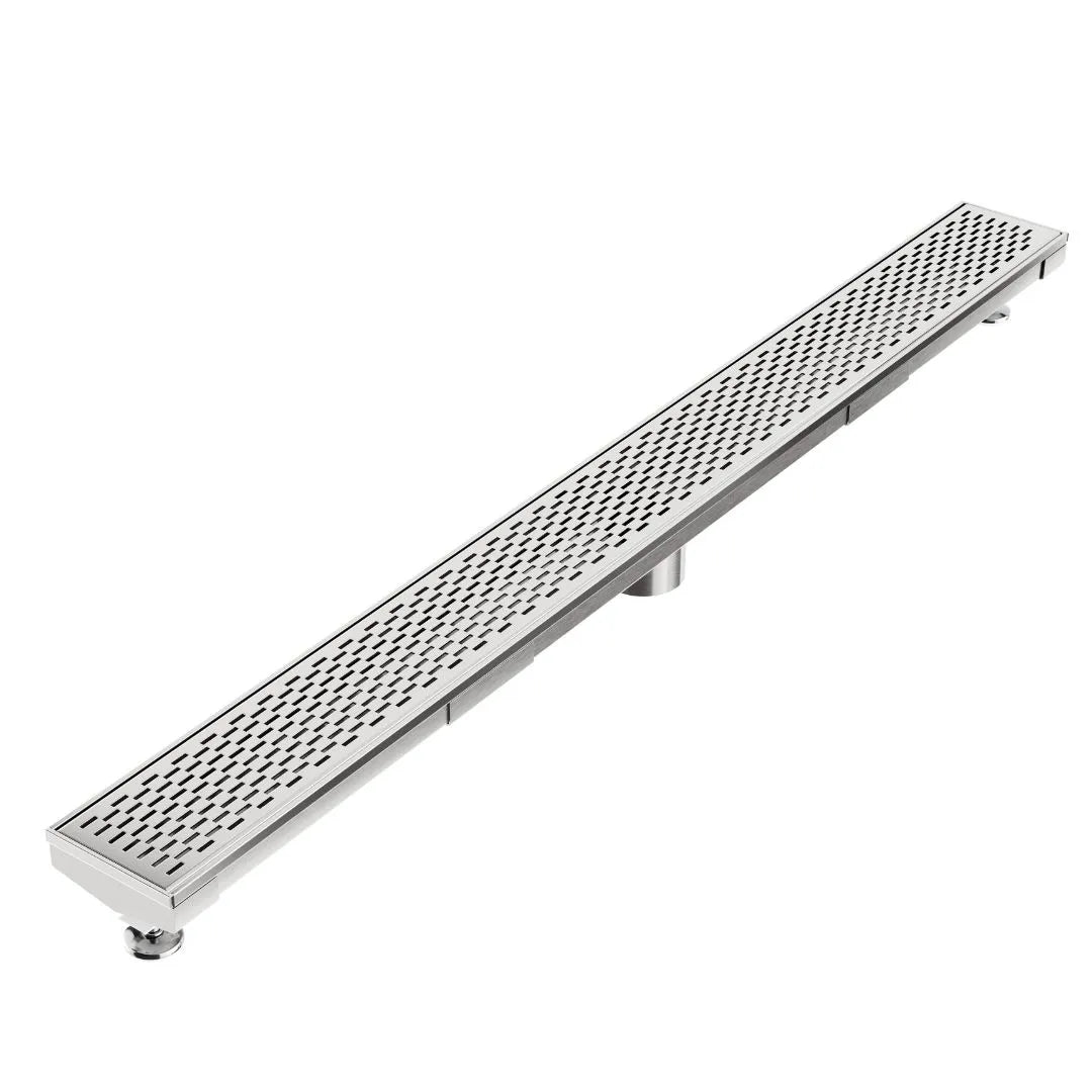 QM Drain Delta Delmar Standard Length Plain Edge Linear Drain in Polished finish, featuring a sleek stainless-steel channel with a minimalist plain edge design. This drain ensures efficient water drainage, seamless tile integration, and a modern aesthetic, ideal for luxury shower and bathroom floor installations.