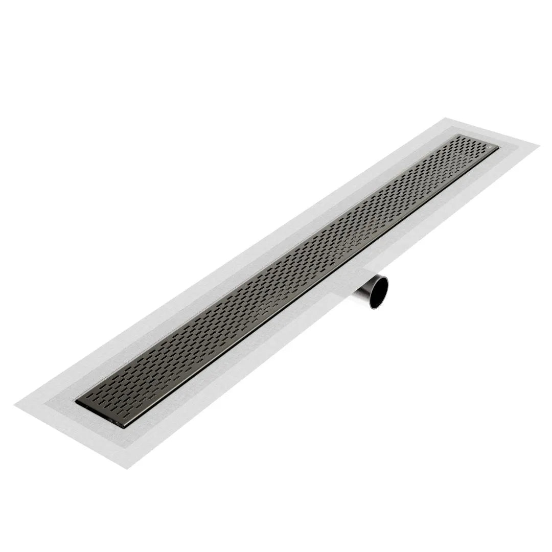 QM Drain Delta Delmar Standard Length Side Outlet Linear Drain in Black finish, featuring a sleek stainless-steel channel with a modern side outlet design. This drain offers efficient water drainage, seamless tile integration, and a contemporary aesthetic, perfect for luxury shower and bathroom floor installations.