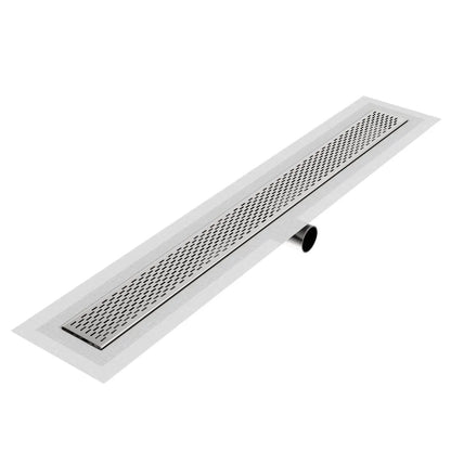 QM Drain Delta Delmar Standard Length Side Outlet Linear Drain in Satinfinish, featuring a sleek stainless-steel channel with a modern side outlet design. This drain offers efficient water drainage, seamless tile integration, and a high-end polished aesthetic, perfect for luxury shower and bathroom floor installations.