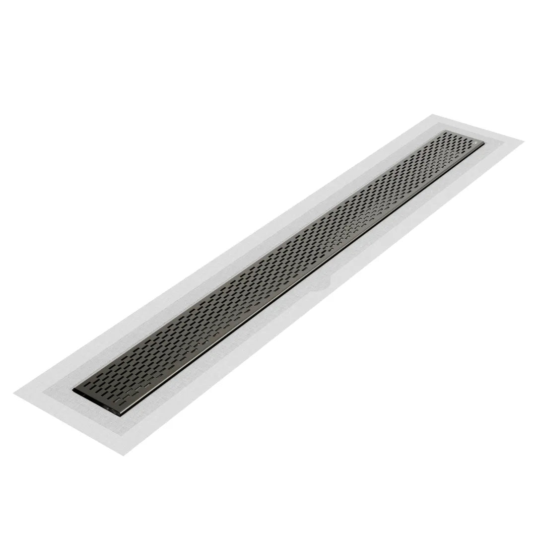 QM Drain Delta Delmar Flange Edge Linear Drain, featuring a sleek stainless-steel channel with a modern flange edge design. This drain provides efficient water drainage, seamless tile integration, and a minimalist aesthetic, perfect for luxury shower and bathroom floor installations.