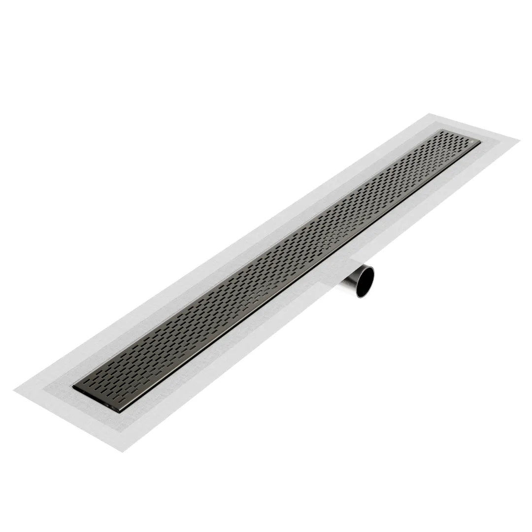 QM Drain Delta Delmar Standard Length Side Outlet Linear Drain in Luxe Gray finish, featuring a sleek stainless-steel channel with a modern side outlet design. This drain offers efficient water drainage, seamless tile integration, and a contemporary aesthetic, perfect for luxury shower and bathroom floor installations.