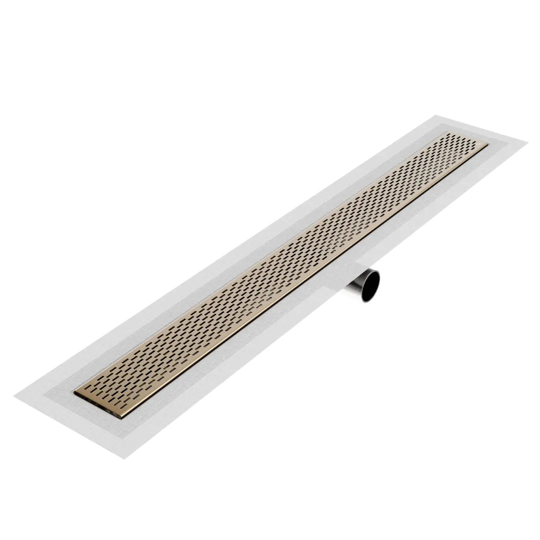 QM Drain Delta Delmar Standard Length Side Outlet Linear Drain in Champagne finish, featuring a sleek stainless-steel channel with a modern side outlet design. This drain offers efficient water drainage, seamless tile integration, and a contemporary aesthetic, perfect for luxury shower and bathroom floor installations.