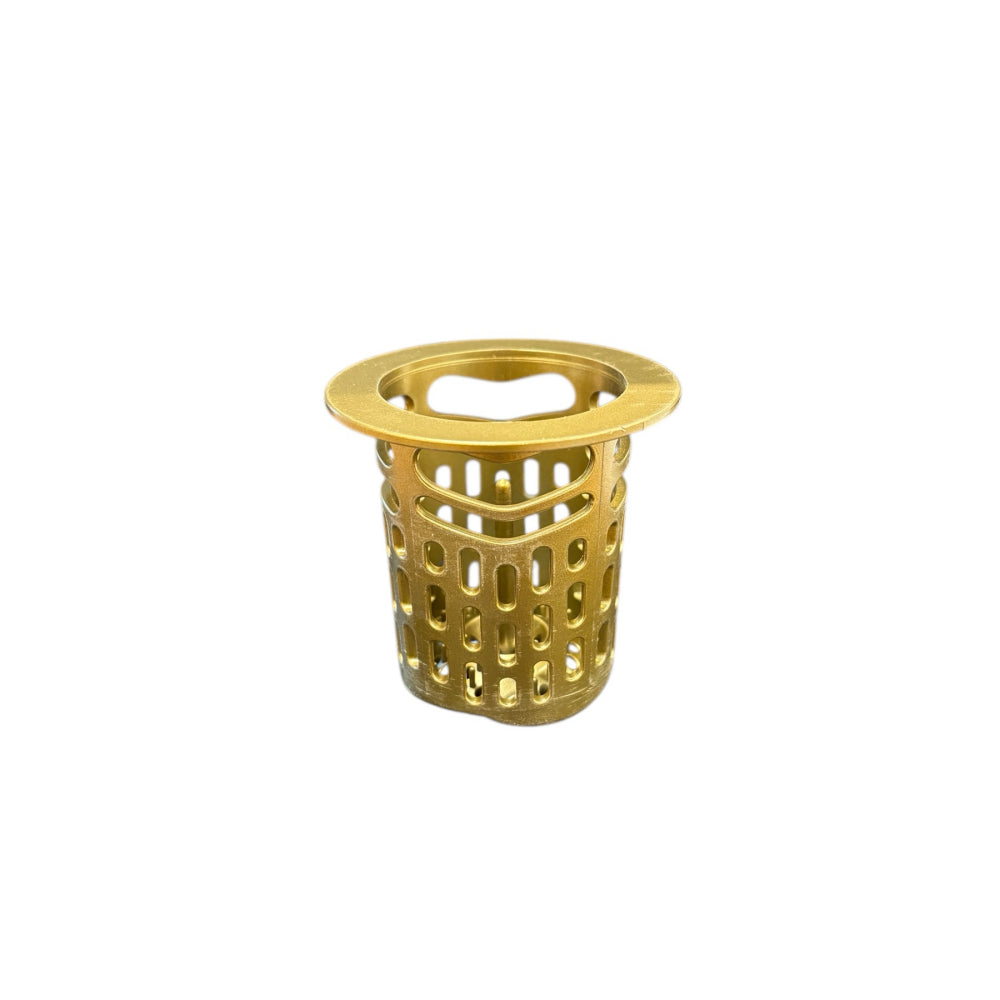 Gold finish hair and debris strainer for square shower drains, effectively trapping hair and other debris to keep drains clear and prevent clogs.