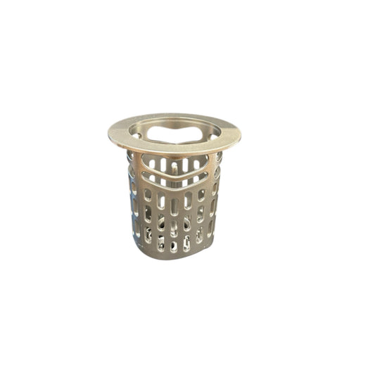 Satin finish hair and debris strainer designed for square shower drains, capturing hair and debris to prevent clogs and ensure smooth water flow.