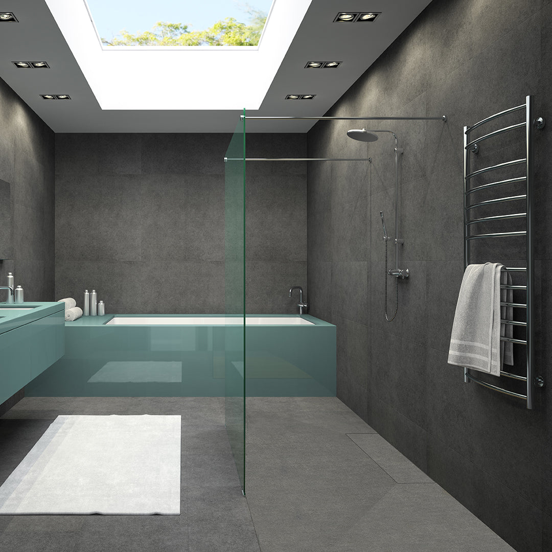 QM Drain Invisible Linear Drain installed in a walking shower, offering a seamless, minimalist design. The image highlights efficient water drainage, smooth tile integration, and a modern aesthetic, perfect for creating an elegant, high-end walking shower experience with a sleek, functional layout.