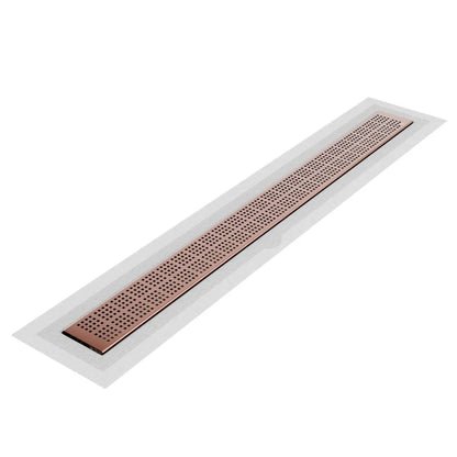 QM Drain Kai Delmar Standard Length Flange Edge Linear Drain in Bronze finish, featuring a sleek stainless-steel channel with a modern flange edge design. This drain ensures efficient water drainage, seamless tile integration, and an elegant aesthetic, ideal for luxury shower and bathroom floor installations.