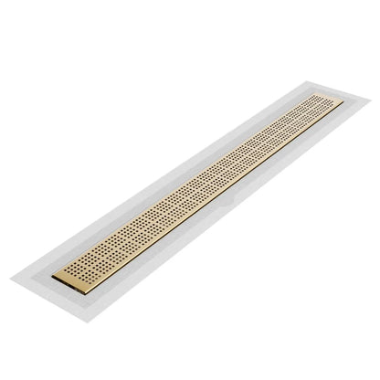 QM Drain Kai Delmar Standard Length Flange Edge Linear Drain in Gold finish, featuring a sleek stainless-steel channel with a modern flange edge design. This drain offers efficient water drainage, seamless tile integration, and a luxurious aesthetic, perfect for high-end shower and bathroom floor installations.