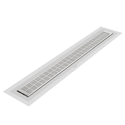 QM Drain Kai Delmar Standard Length Flange Edge Linear Drain in Polished finish, featuring a sleek stainless-steel channel with a modern flange edge design. This drain ensures efficient water drainage, seamless tile integration, and a modern aesthetic, ideal for luxury shower and bathroom floor installations.