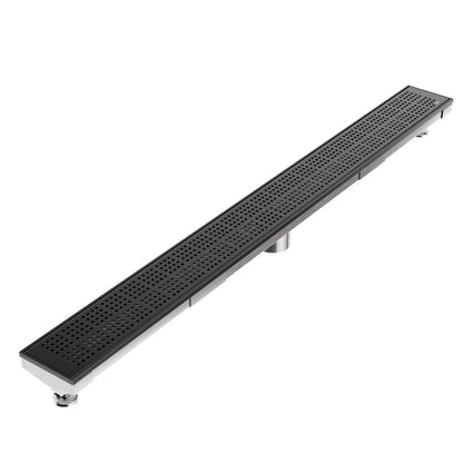 QM Drain Kai Delmar Standard Length Plain Edge Linear Drain in Black finish, featuring a sleek stainless-steel channel with a minimalist plain edge design. This drain provides efficient water drainage, seamless tile integration, and a modern aesthetic, perfect for luxury shower and bathroom floor installations.