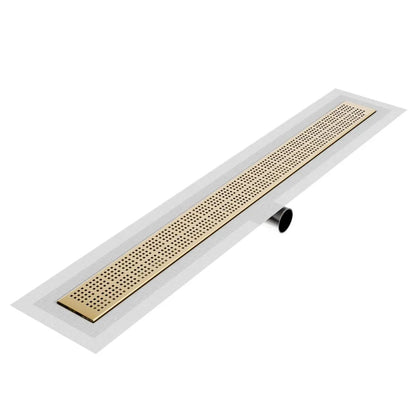 QM Drain Kai Delmar Standard Length Side Outlet Linear Drain in Gold finish, featuring a sleek stainless-steel channel with a side outlet design. This drain offers efficient water drainage, seamless tile integration, and a luxurious aesthetic, perfect for high-end shower and bathroom floor installations.