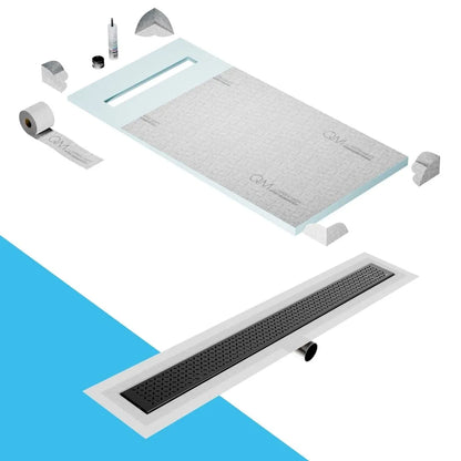 QM Drain Prefab Shower Pan Kit paired with Lotus Linear Drain Kit 32 in Black Side Outlet finish. This premium system ensures efficient water drainage, seamless tile integration, and a modern aesthetic, perfect for luxury shower installations with a sleek, contemporary design.