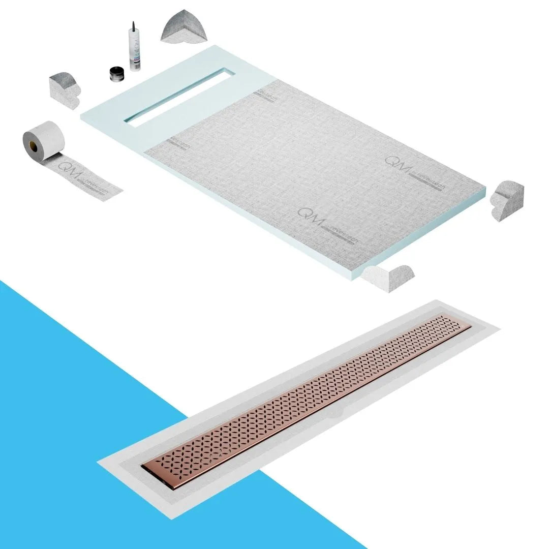 QM Drain Prefab Shower Pan Kit paired with Lotus Linear Drain Kit 32 in Bronze Flange Edge finish. This system ensures efficient water drainage, seamless tile integration, and a sophisticated aesthetic, perfect for high-end luxury shower installations with a modern and elegant design.