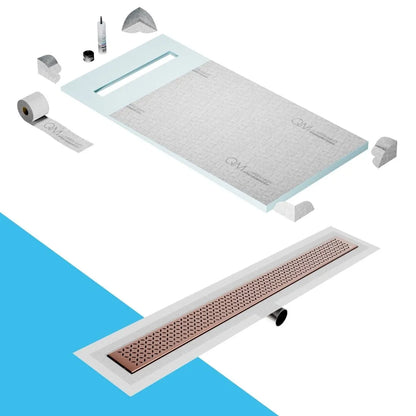 QM Drain Prefab Shower Pan Kit paired with Lotus Linear Drain Kit 32 in Bronze Side Outlet finish. This system offers seamless tile integration, efficient water drainage, and an elegant aesthetic, ideal for luxury shower installations with a side outlet configuration and modern design.