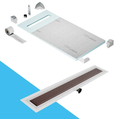 QM Drain Prefab Shower Pan Kit paired with Wedgewire Linear Drain Kit 32 in Bronze Side Outlet finish. This system features a sleek wedgewire design, efficient water drainage, seamless tile integration, and a contemporary aesthetic, ideal for luxury shower installations with a side outlet configuration.