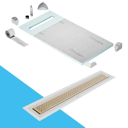 QM Drain Prefab Shower Pan Kit paired with Lotus Linear Drain Kit 32 in Gold Flange Edge finish. This premium system offers seamless tile integration, efficient water drainage, and an elegant gold aesthetic, making it perfect for luxury shower installations with a sleek, contemporary design.