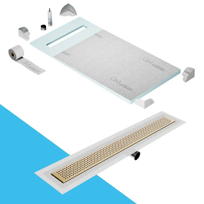 QM Drain Prefab Shower Pan Kit paired with Lotus Linear Drain Kit 32 in Gold Side Outlet finish. This system ensures seamless tile integration, efficient water drainage, and a sophisticated gold aesthetic, ideal for luxury shower installations with a side outlet configuration and modern design.