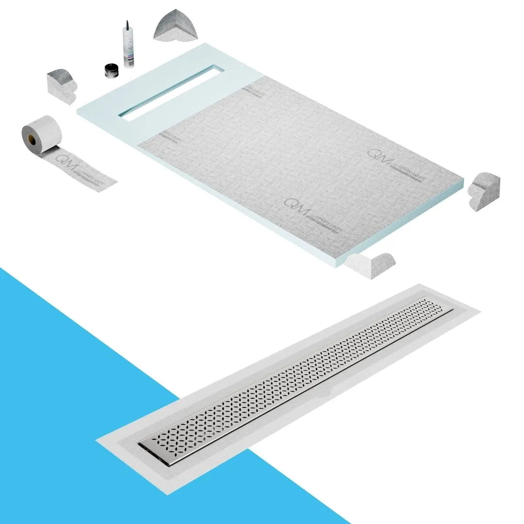 QM Drain Prefab Shower Pan Kit paired with Lotus Linear Drain Kit 32 in Polished Flange Edge finish. This premium system provides seamless tile integration, efficient water drainage, and a high-end polished aesthetic, ideal for luxury shower installations with a sleek, modern design.