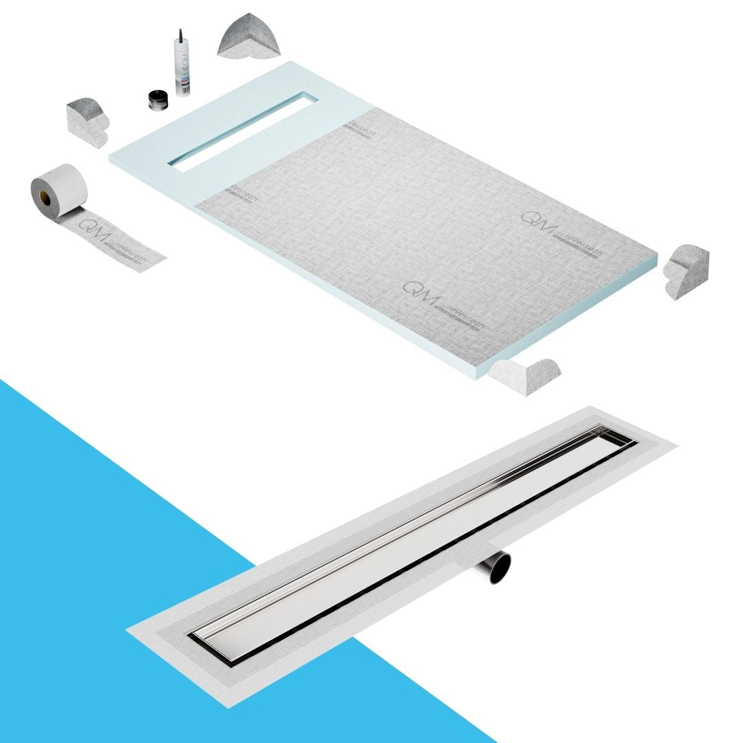 QM Drain Prefab Shower Pan Kit paired with Mist (Tile-In) Linear Drain Kit 32 in Satin Side Outlet finish. This system features seamless tile integration, efficient water drainage, and a modern satin aesthetic, ideal for luxury shower installations with a sleek side outlet configuration.